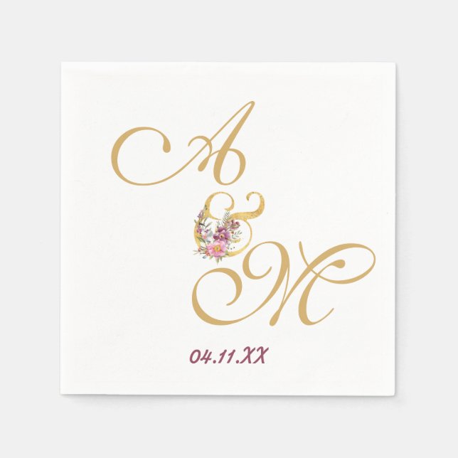 Gold MONOGRAM letter WEDDING PERSONALISED Napkin (Front)