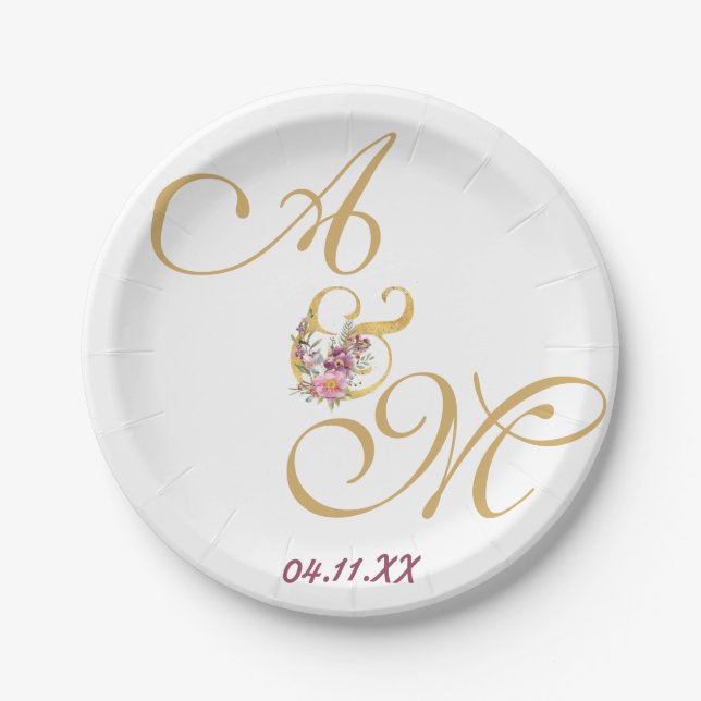 Gold MONOGRAM letter WEDDING PERSONALISED Paper Plate (Front)