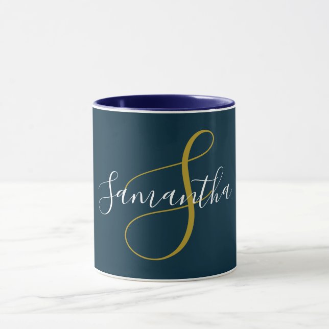 Gold Monogram Letter & White Name Mug (Center)