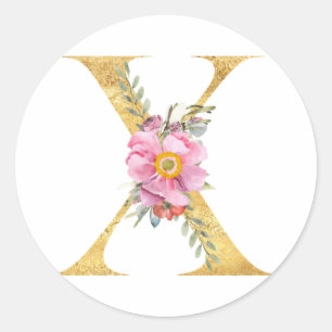 Gold MONOGRAM letter X with flower Classic Round Sticker