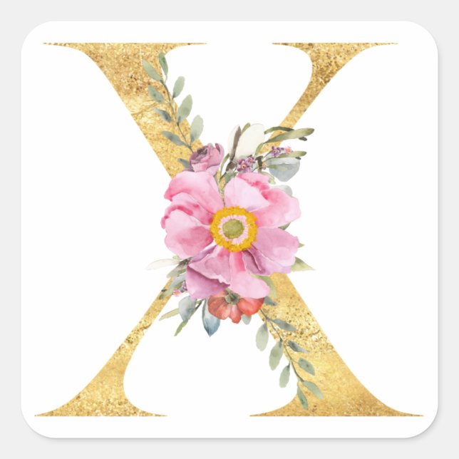 Gold MONOGRAM letter X with flower Square Sticker (Front)
