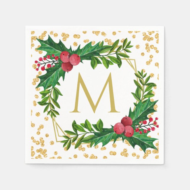 Gold Monogram Merry Christmas Holly Glitter Napkin (Front)