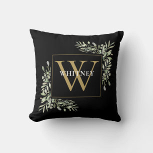 Gold Monogram Modern Greenery Foliage Black Cushion