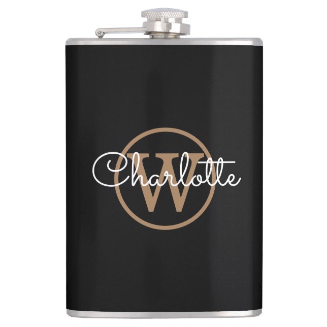 Gold Monogram Modern Script Black Hip Flask (Front)