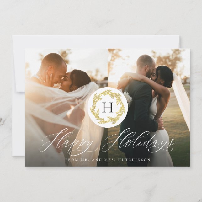 Gold Monogram Mr. and Mrs. Newlyweds 2 Photo Happy Holiday Card (Front)