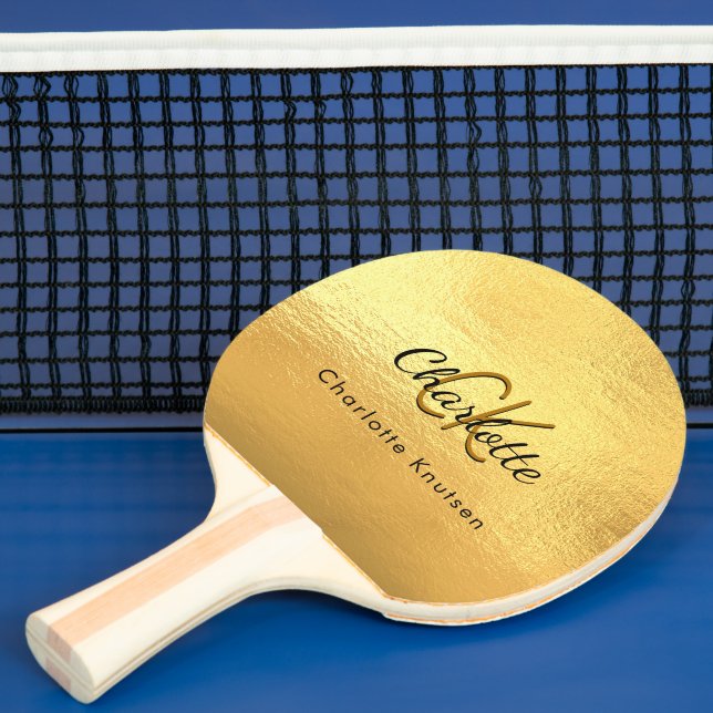 Gold monogram name glamourous ping pong paddle (Insitu)