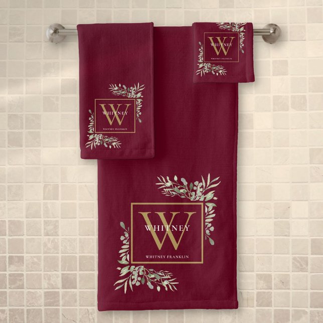 Gold Monogram Name Greenery Burgundy Bath Towel Set (Gold Monogram Name Greenery Burgundy Bath Towel Set)