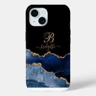 Gold Monogram Navy Blue Black Gold Agate Geode  iPhone 15 Case