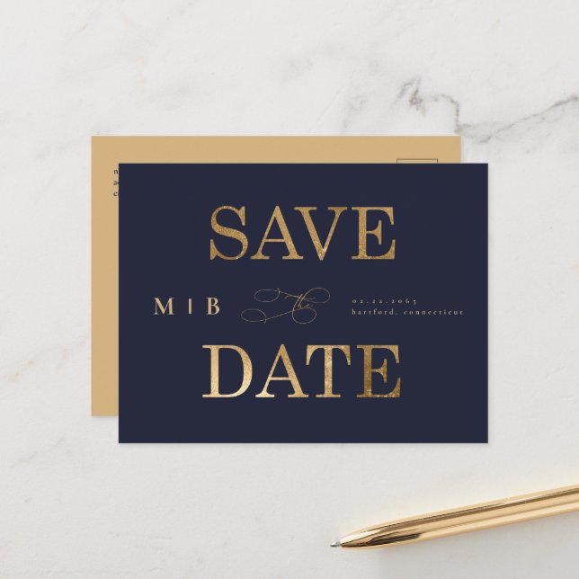 Gold Monogram Navy Contemporary Save the Date  Ann Announcement Postcard (Front/Back In Situ)
