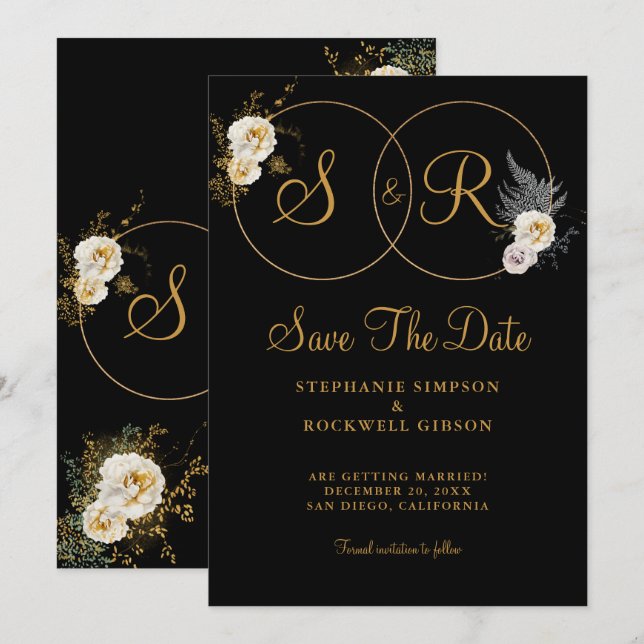 Gold Monogram On Black Name Initial Wedding  Save The Date (Front/Back)