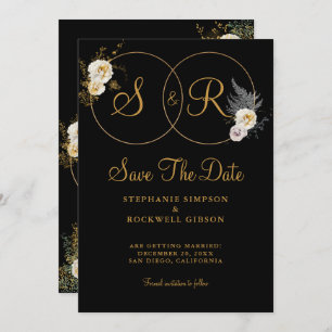 Gold Monogram On Black Name Initial Wedding Save The Date