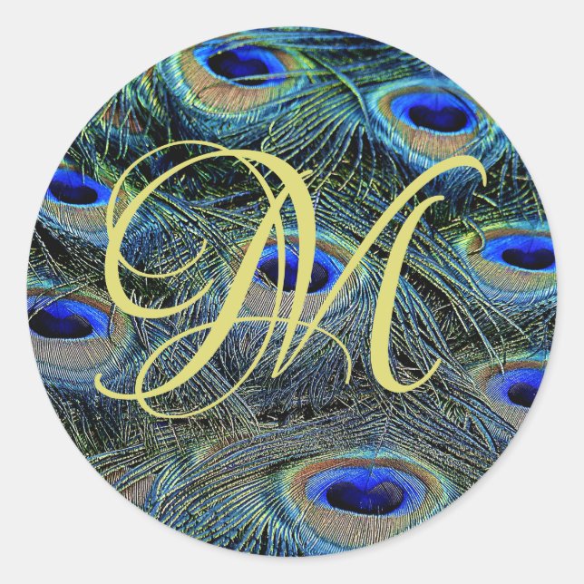 Gold Monogram On Peacock Feathers Classic Round Sticker (Front)