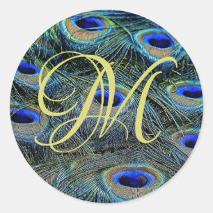 Gold Monogram On Peacock Feathers Classic Round Sticker