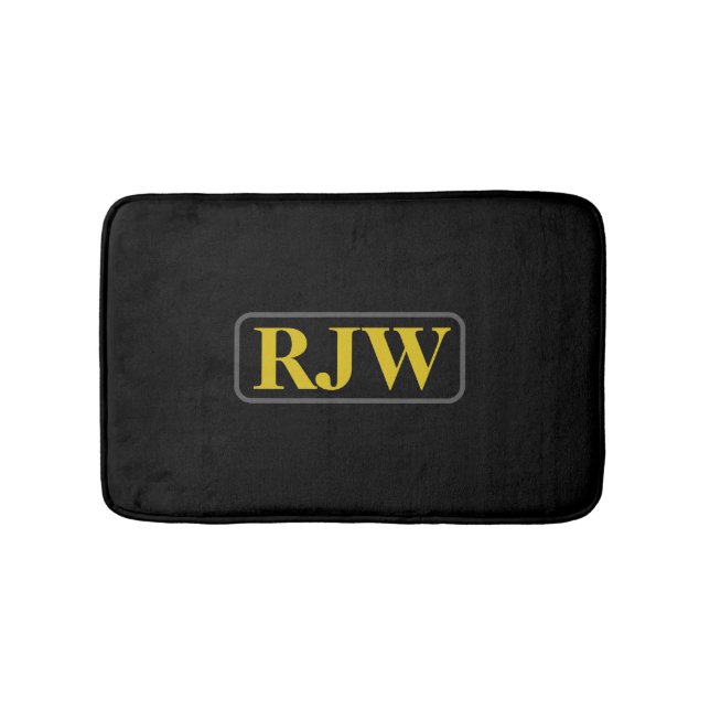 Gold Monogram or Name Inside Grey Border on Black Bath Mat (Front)