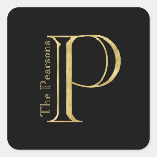 Gold Monogram P and Name on Any Colour Square Sticker