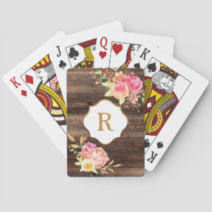 Gold Monogram Pink Flowers Rustic Brown Wood Playing Cards
