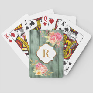 Gold Monogram Pink Flowers Rustic Green Wood Playing Cards