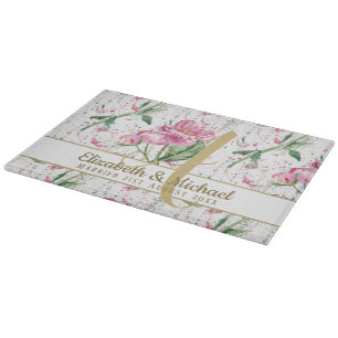 Gold Monogram Pink Peonies Green Leaves Newlyweds Cutting Board