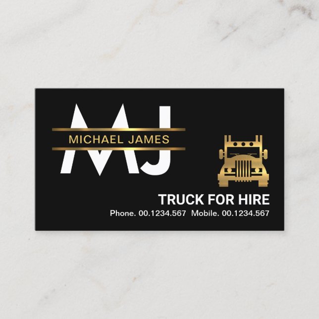 Gold Monogram Placard Logistics Truck Transport Business Card (Front)