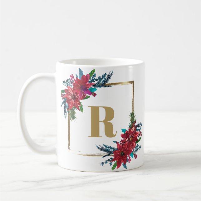 Gold Monogram Poinsettia Christmas Coffee Mug (Left)