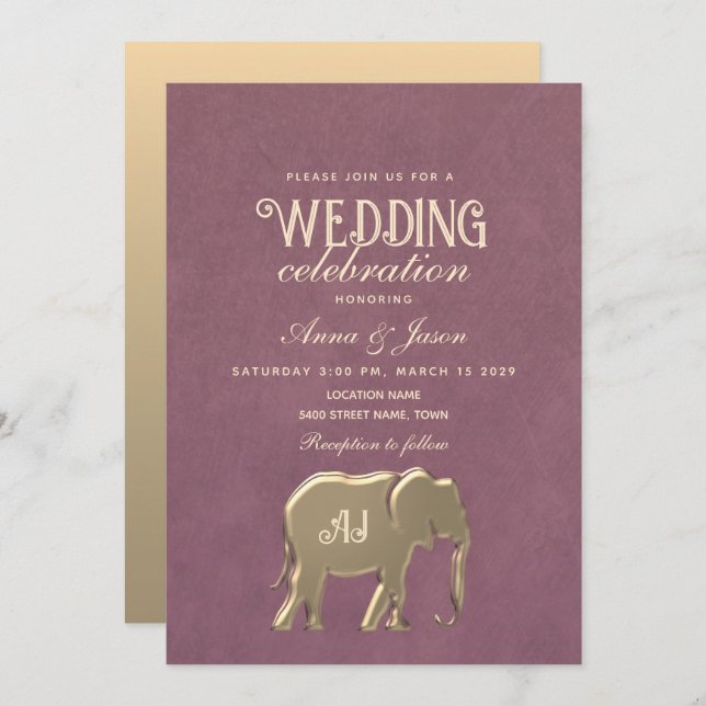 Gold Monogram Purple Wedding Invitation (Front/Back)