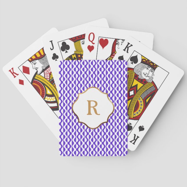 Gold Monogram, Purple & White Waves Retro Pattern Playing Cards (Back)