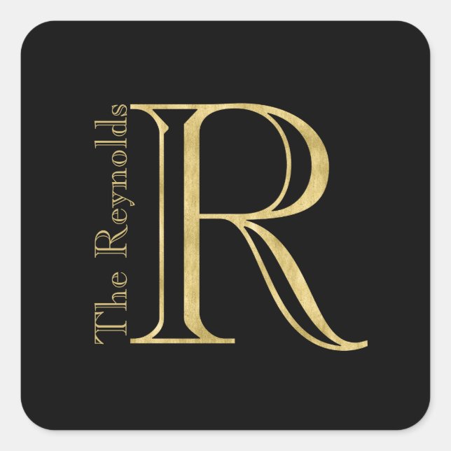 Gold Monogram R and Name on Any Colour Square Sticker (Front)