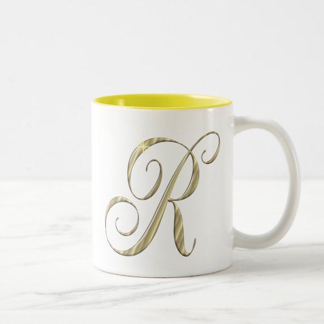 Gold monogram R initials merchandise Two-Tone Coffee Mug (Right)