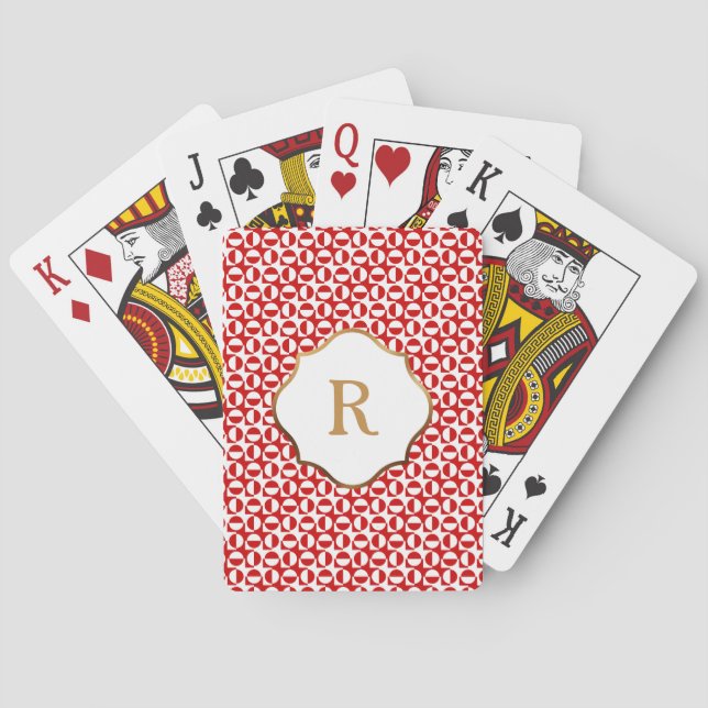 Gold Monogram Red & White Diagonal Retro Pattern Playing Cards (Back)