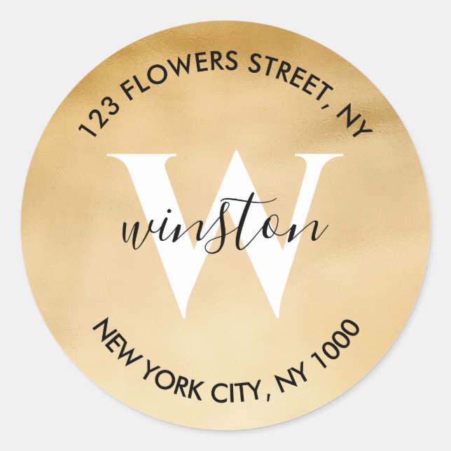 Gold Monogram Return Address Modern Glitter Classic Round Sticker (Front)