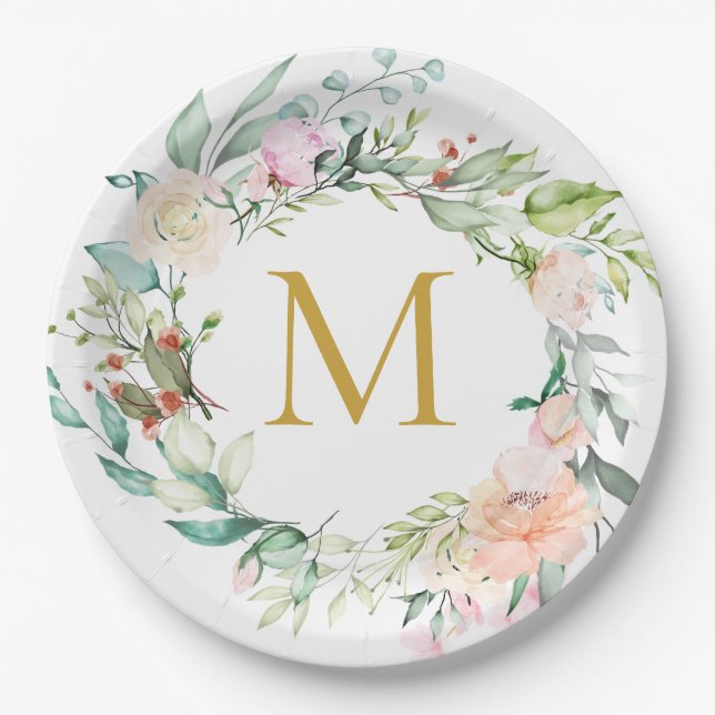 Gold Monogram Roses Garland Floral Paper Plate (Front)