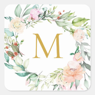 Gold Monogram Roses Garland Floral Square Sticker