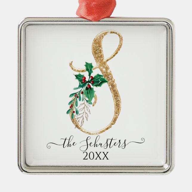 Gold Monogram S Glitter Christmas Holly Foliage Metal Tree Decoration (Front)