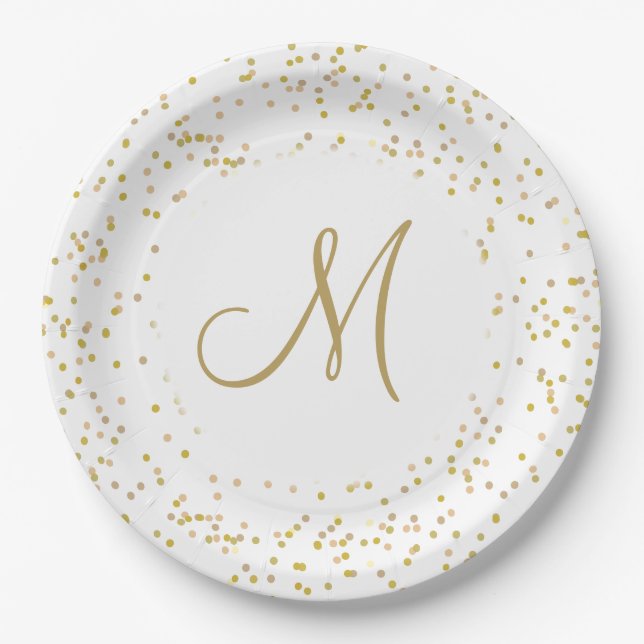 Gold Monogram Script Gold Dust Confetti Paper Plate (Front)