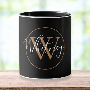 Gold Monogram Script Name Elegant Black Mug