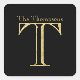 Gold Monogram T and Name on Any Colour Square Sticker