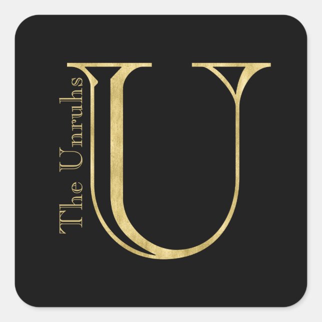 Gold Monogram U and Name on Any Colour Square Sticker (Front)