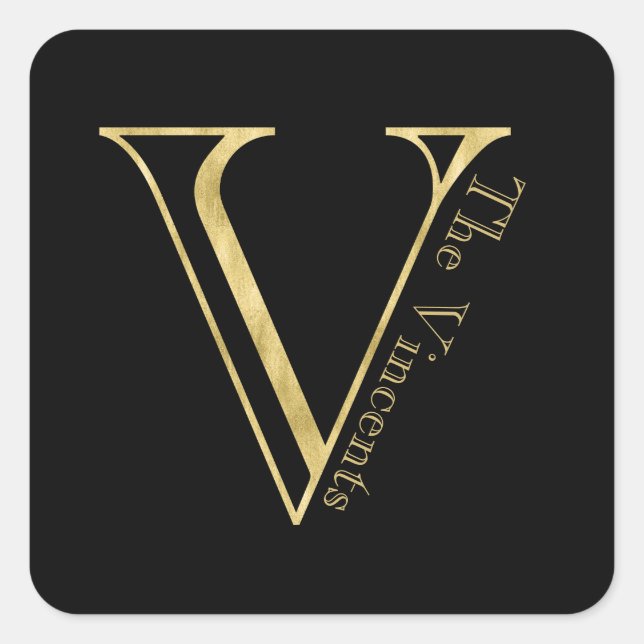 Gold Monogram V and Name on Any Colour Square Sticker (Front)