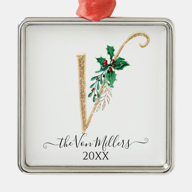 Gold Monogram V Glitter Christmas Holly Foliage Metal Tree Decoration (Front)
