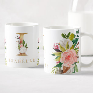 Gold Monogram Watercolor Floral Botanical Coffee Mug