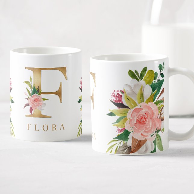 Gold Monogram Watercolor Floral Botanical Coffee Mug (Creator Uploaded)