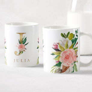 Gold Monogram Watercolor Floral Botanical Coffee Mug