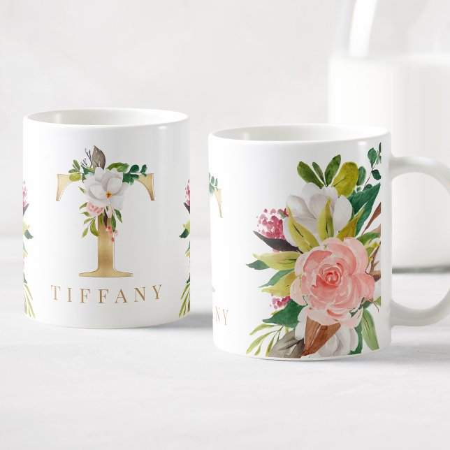 Gold Monogram Watercolor Floral Botanical Coffee Mug (Creator Uploaded)
