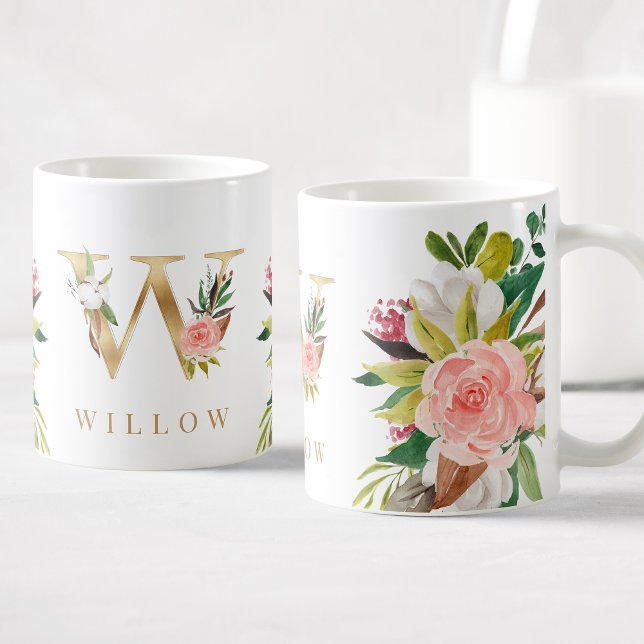 Gold Monogram Watercolor Floral Botanical Coffee Mug (Creator Uploaded)