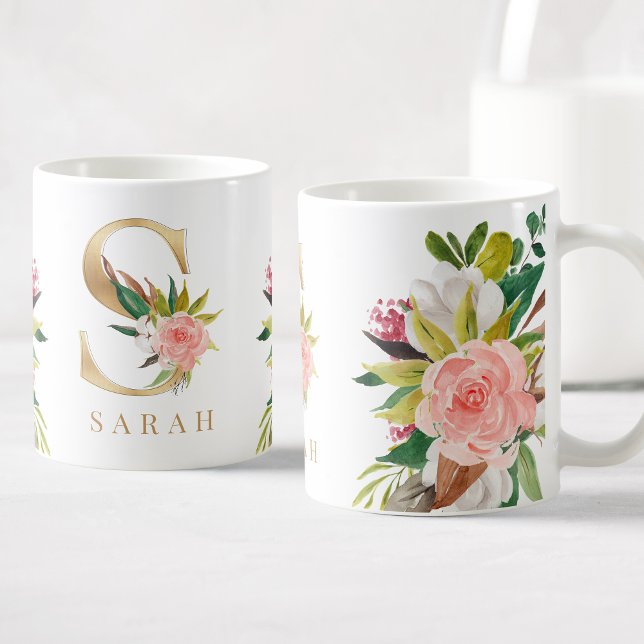 Gold Monogram Watercolor Floral Botanical Coffee Mug (Creator Uploaded)
