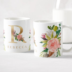 Gold Monogram Watercolor Floral Botanical Coffee Mug