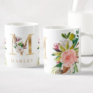 Gold Monogram Watercolor Floral Botanical Coffee Mug