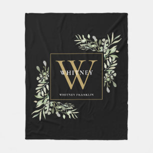 Gold Monogram Watercolor Greenery Black Fleece Blanket