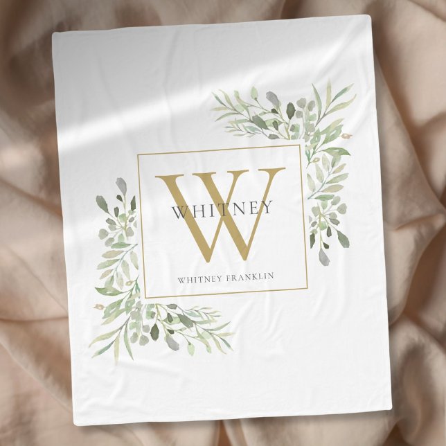 Gold Monogram Watercolor Greenery Fleece Blanket (Gold Monogram Watercolor Greenery Fleece Blanket)