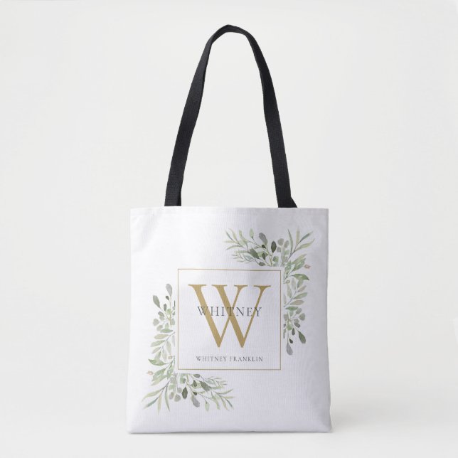 Gold Monogram Watercolor Greenery Personalised Tote Bag (Front)